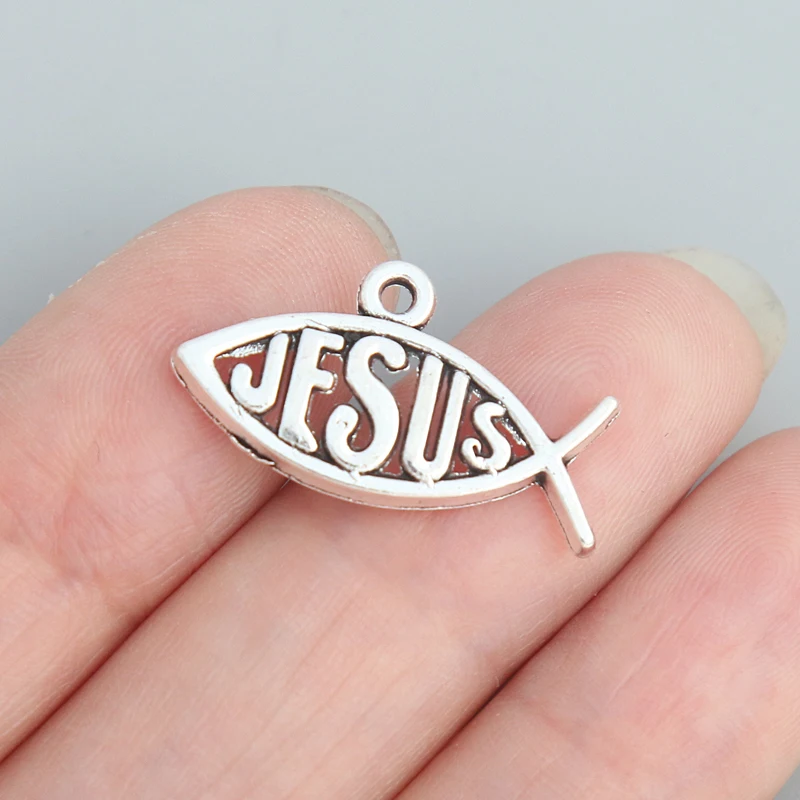 

Alloy Vintage Fish Jesus Letter Religious Charms 13*23mm 25pcs A081