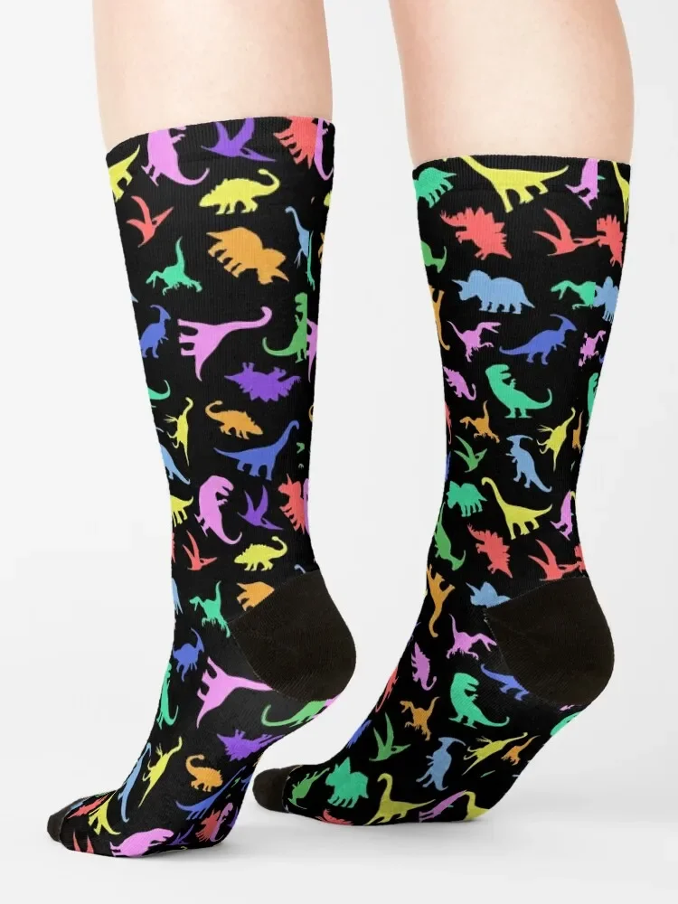 Calcetines divertidos con estampado de dinosaurio para hombre y mujer, medias antideslizantes para gimnasio, fútbol y nieve, fondo negro