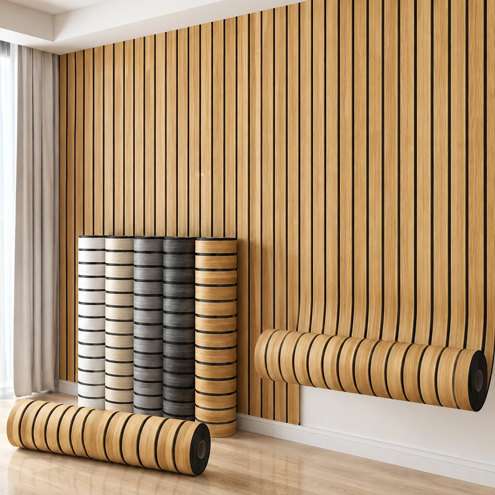 Waterproof Self-Adhesive Wood Look Slat Wall Sticker Vertical Line Decorative Wall Panel For Living Room Wall Refurbishment.
