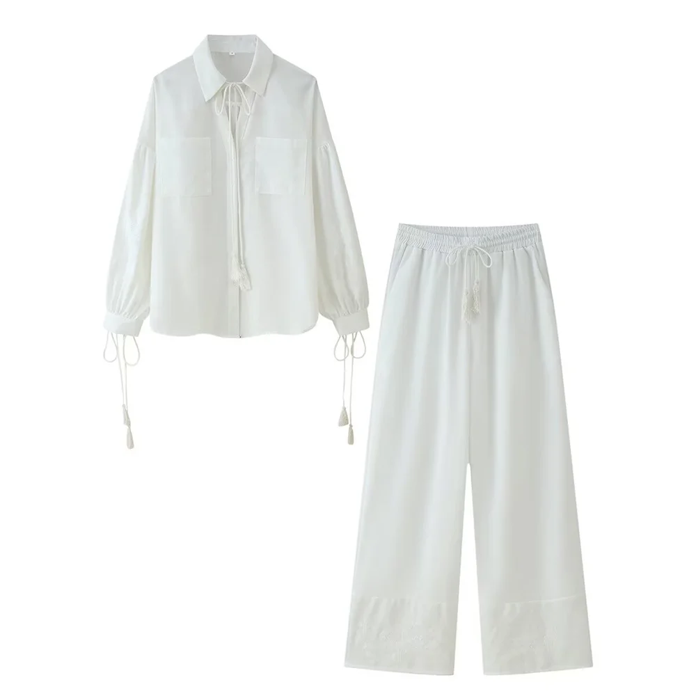 

women's loose and versatile tassel lace up embroidered shirt, summer new high waisted casual pants