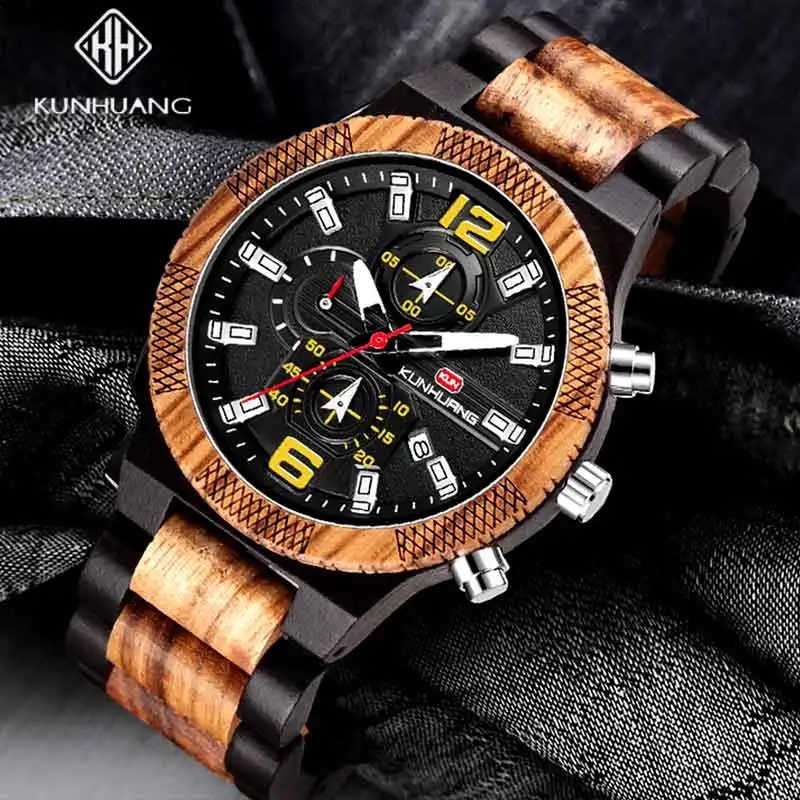 KUNHUANG Classic Retro Fashion Wooden Men Quartz Watch Luxury Luminous Pointer Chronograph Watches Top Brand Men Wood Wristwatch
