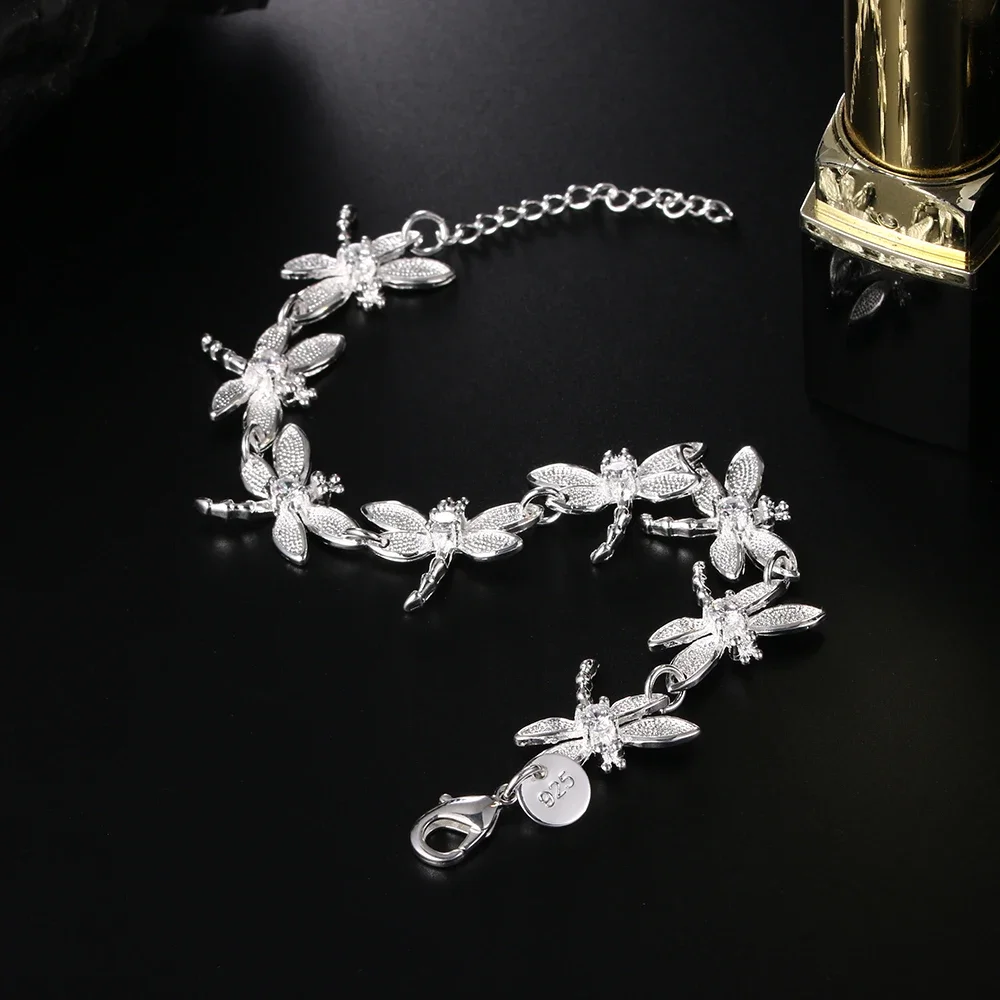 Hot 925 Sterling Silver Crystal Dragonfly Chain Bracelets for Woman Men Classic Wedding Party Christmas Gift Fashion Jewelry