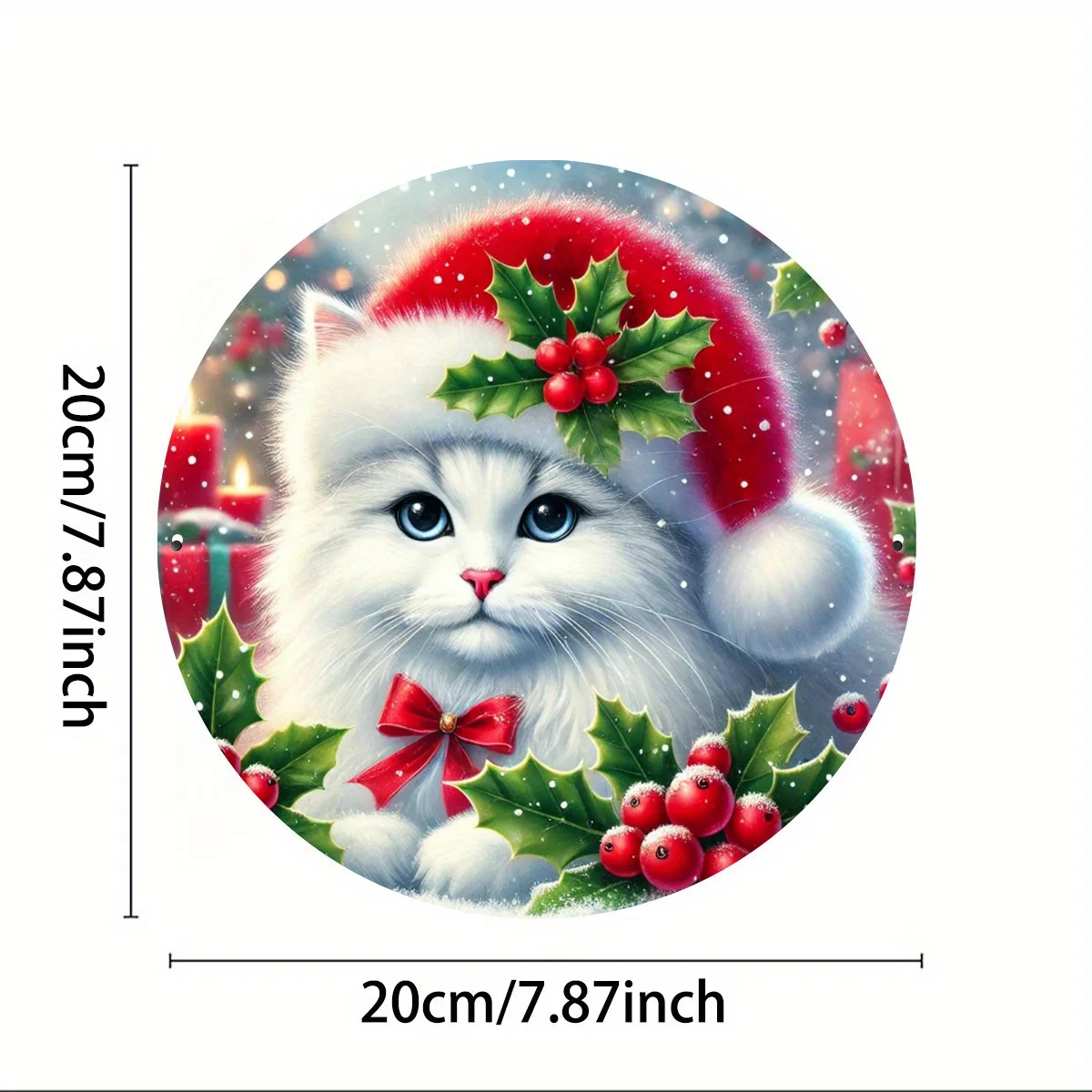Charming 7.8x7.8in Round Metal Christmas Sign with Santa Hat Cat & Holly - Vintage-Inspired Wall Decor for Home, Office, Patio,
