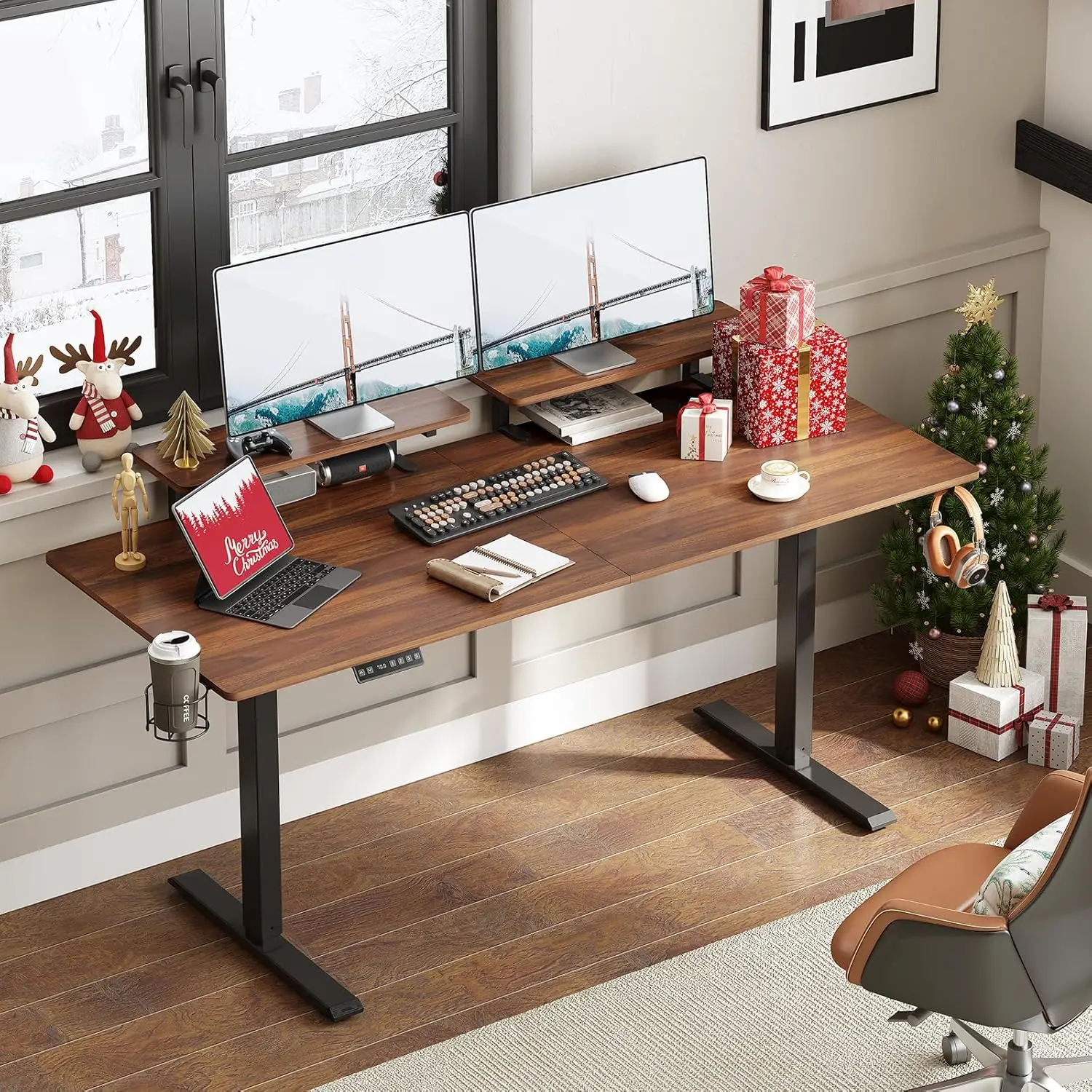 Electric Standing Desk 71x24in with 2 Monitor Shelves, Adjustable Height 28-46in, Memory Controller, Walnut