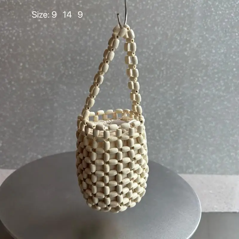 Retro Handmade Wooden Bead Woven Bucket Bag Creative Handbag Women Mini Hollow Bucket Bag Summer Wrist Bag