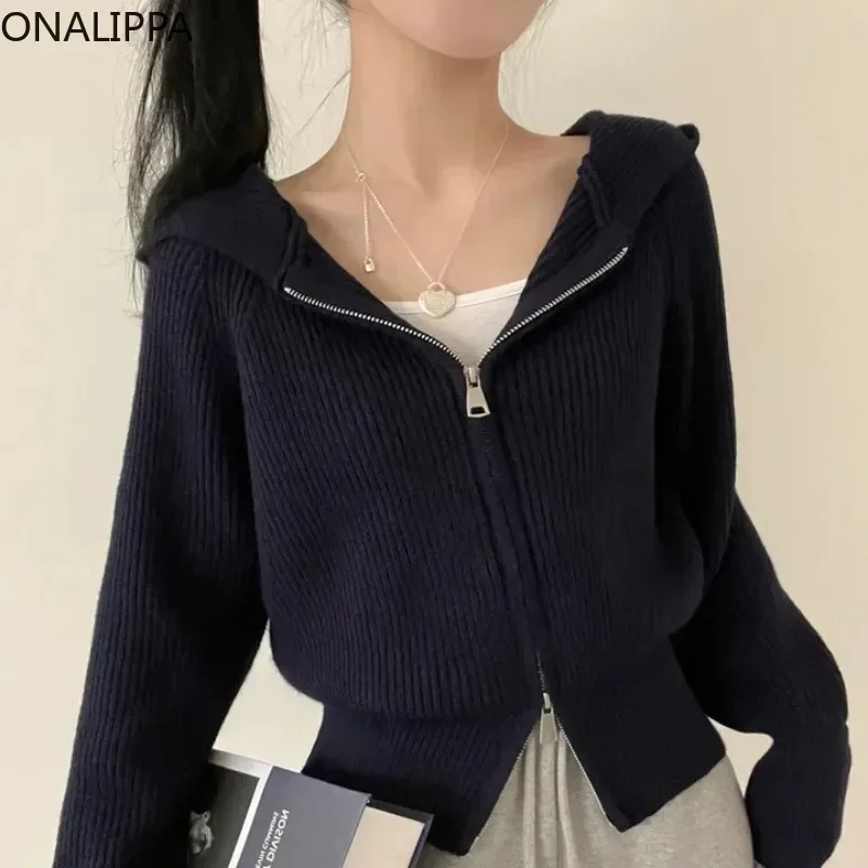 Onalippa Hooded Solid Pit Striped Knitted Cardigan Double Zippers Long Sleeves Cardigans Korean Fashion All Match Loose Sweater