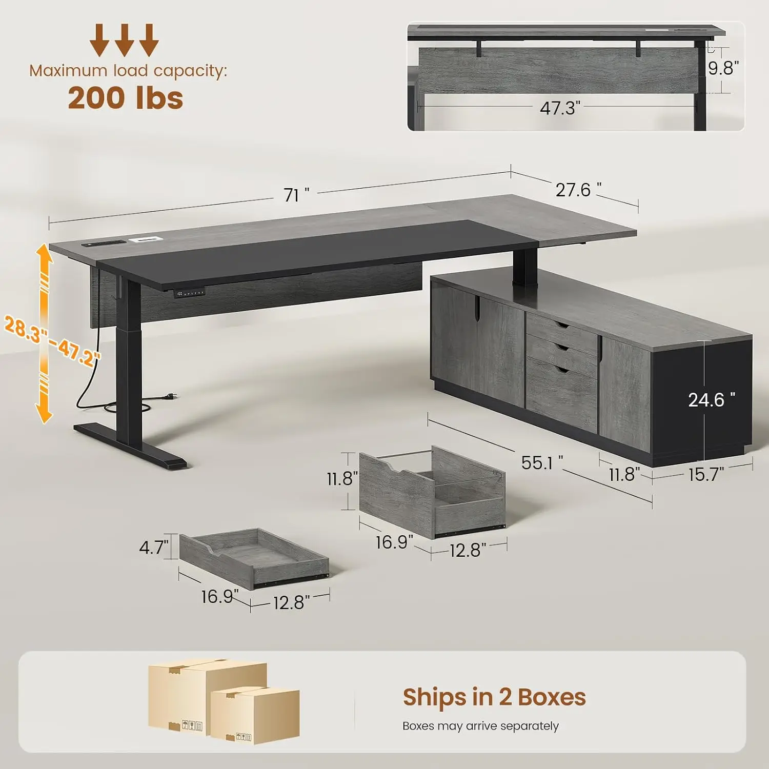 L Shaped Electric Standing Desk Height Adjustable with 3 Drawers Cabinet Power Outlets Side Hook 71 Inch, Customized
