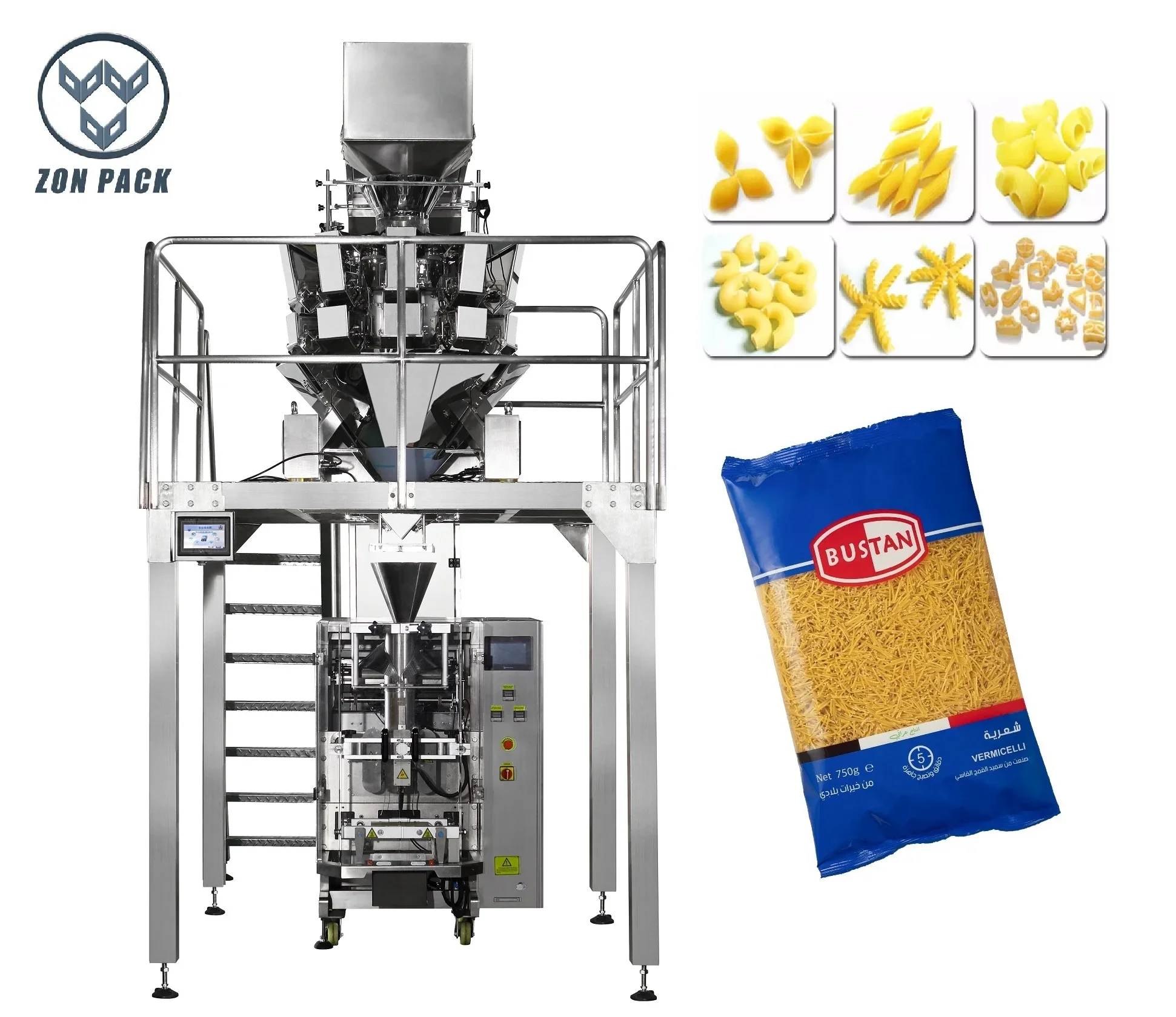 304SS Vibration Feeder Z Type Bucket Elevator Conveyor Packing Machine for Italian Macaroni Pasta/Potato Chips/Granules/Snacks