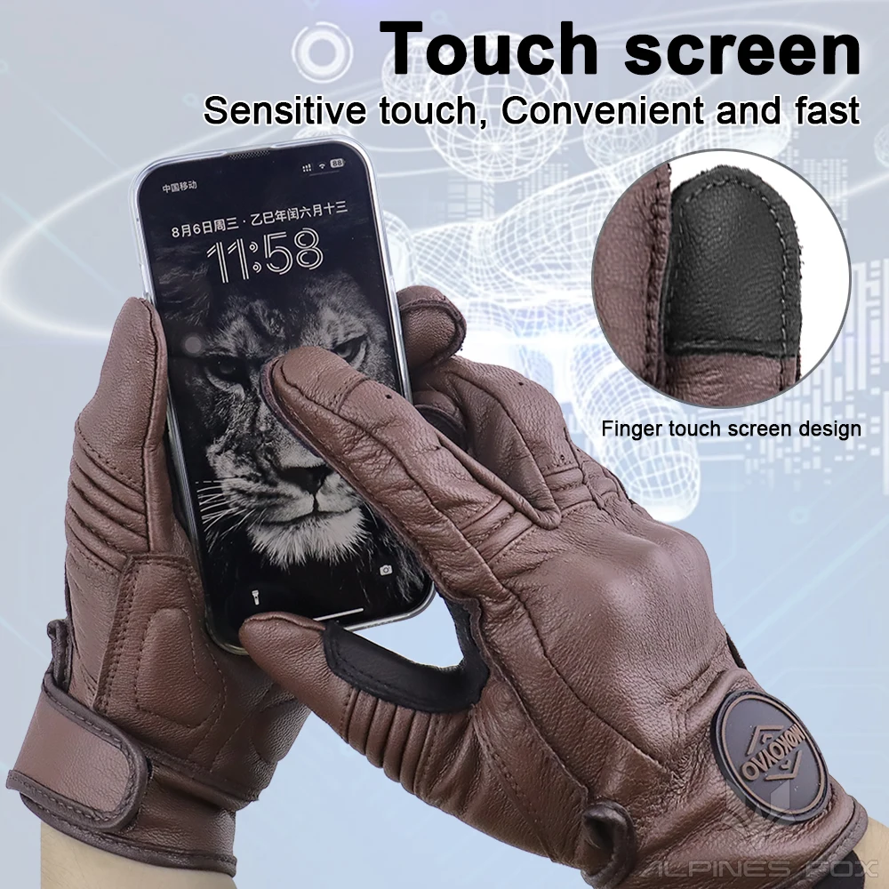 Yellow Vintage Leather Motorcycle Gloves Men Full Finger Motorbike Riding Touch Screen Motocross Moto Racing Biker Glove M-XXL