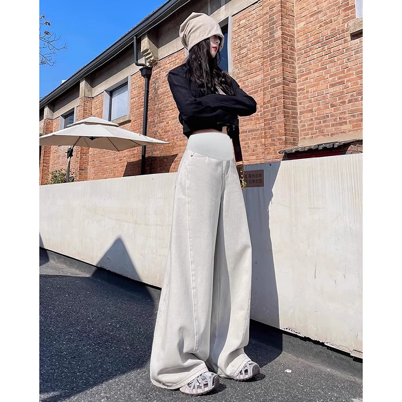 25SS الربيع الصيف الكورية موضة أبيض رمادي رقيقة الدينيم الجينز الأمومة واسعة الساق فضفاضة مستقيم السراويل الطويلة للنساء الحوامل