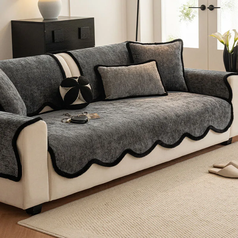 High-End Thickened Chenille Sofa Cushion Luxury Solid Dustproof Anti-Slip Cloth Towel Velvet Furniture Protection Slipcover