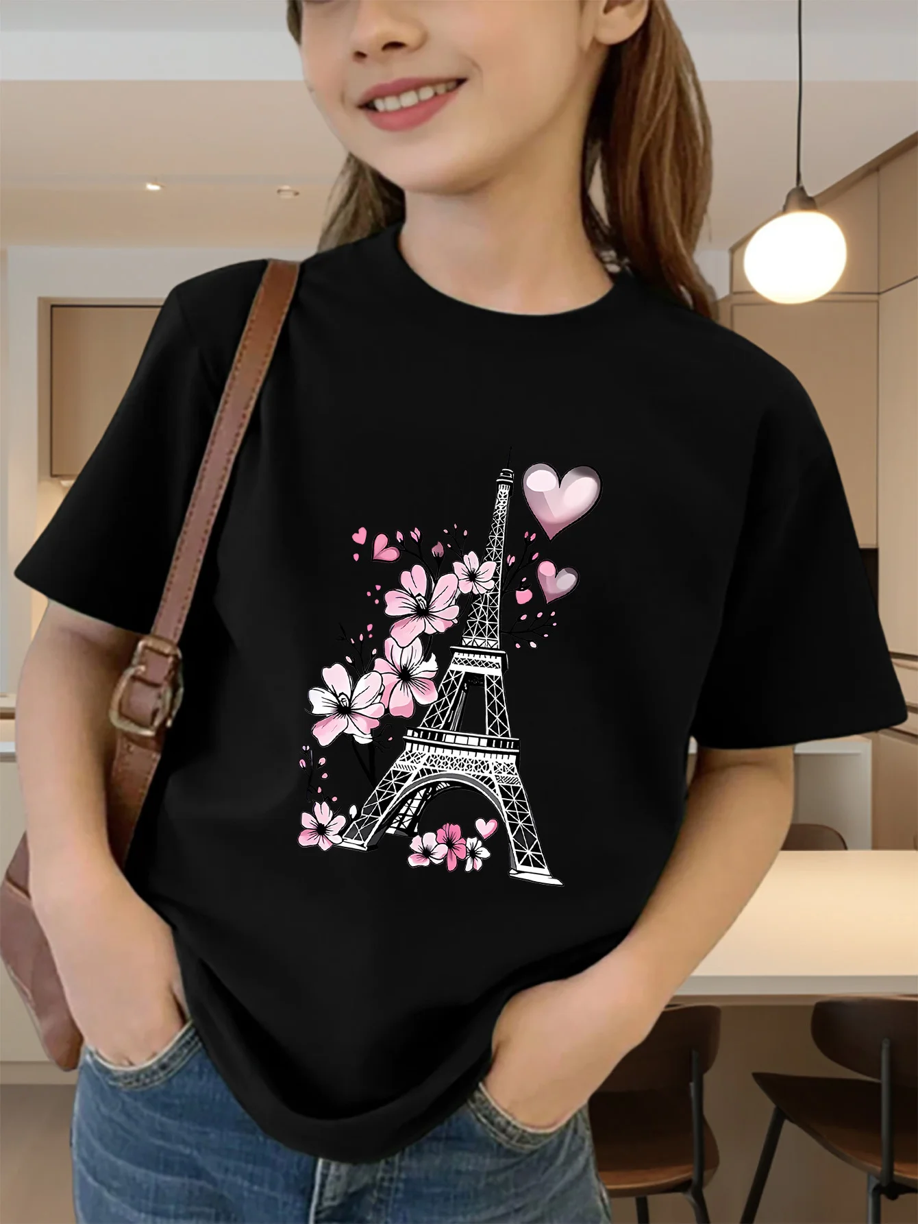 Cute Eiffel Tower Flower Hearts Print Graphic Kids Tee Boys Girls Family Matching Cotton Crew Neck Short Sleeve Soft Summer Tee