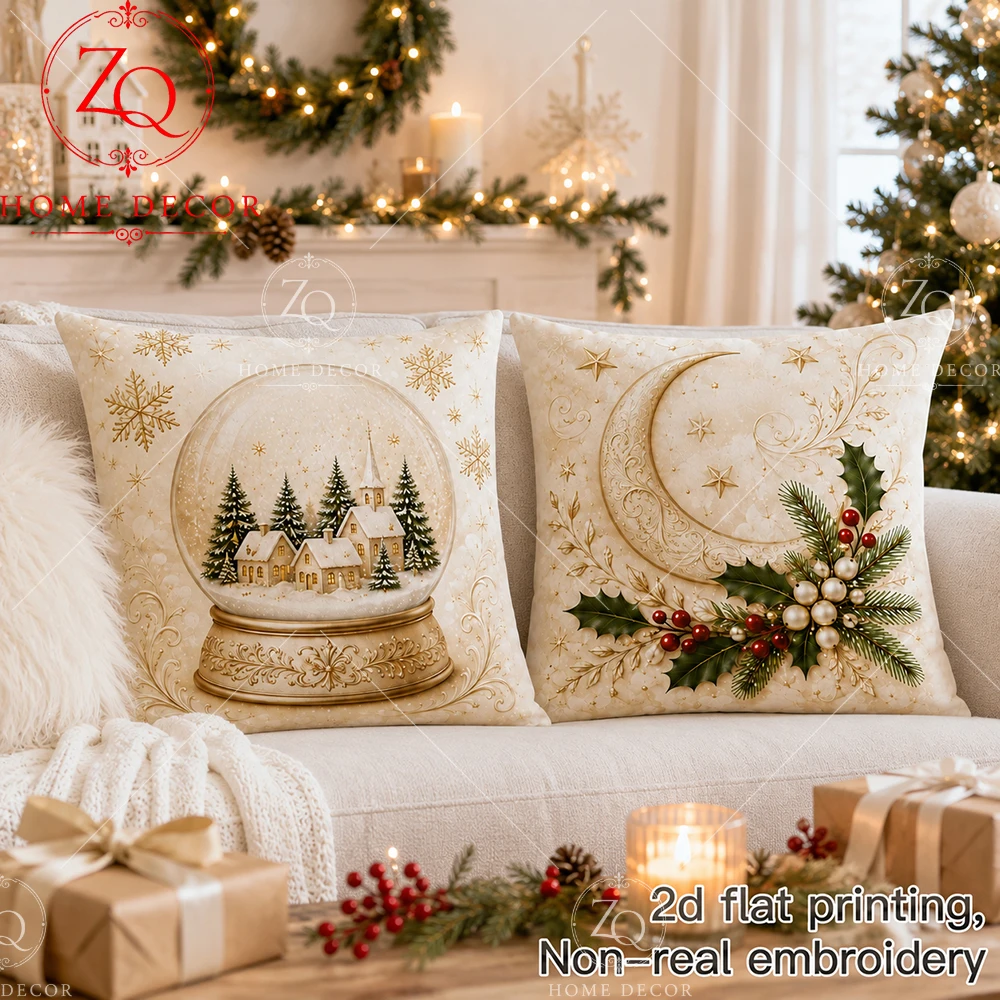 2D Flat Printed Winter Cushion Cover Soft Peach Skin Christmas Pillowcase Snow Globe Throw Pillow Case For Couch Sofa Bed Party