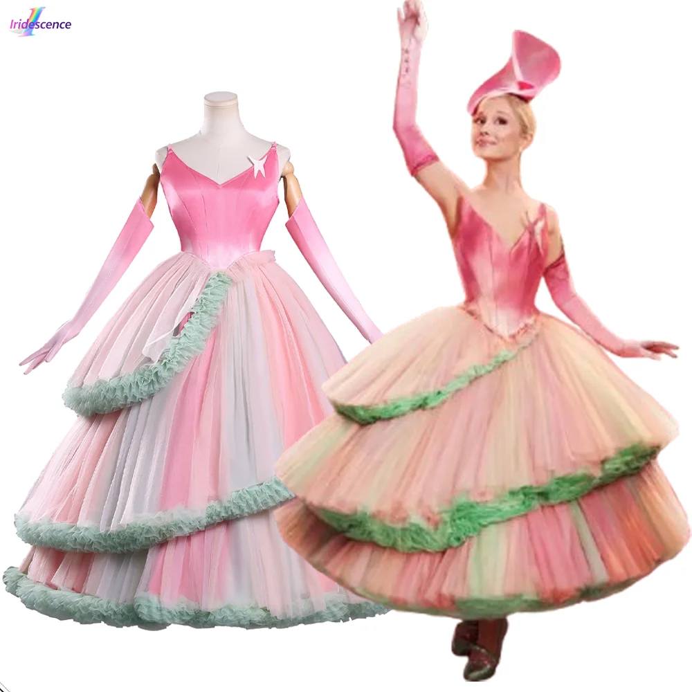 Wicked Glinda Cosplay Costume Pink Ball Gown Prinecess Dress Long Crinoline Pannier Farthingale Fancy Women Halloween Outfits