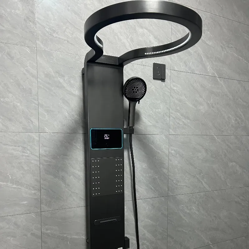 

Modern Sleek Round Brushed Gunmetal Rainfall Shower Premium Aluminum Shower Head and Valve with Minimalist Contemporary Design