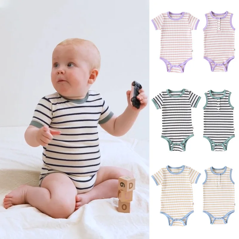 2026 Summer Pure Cotton Babygrow Baby Striped Short Sleeve Bodysuit Triangle Crawler Soft Breathable Outfit Newborn Boys Girls