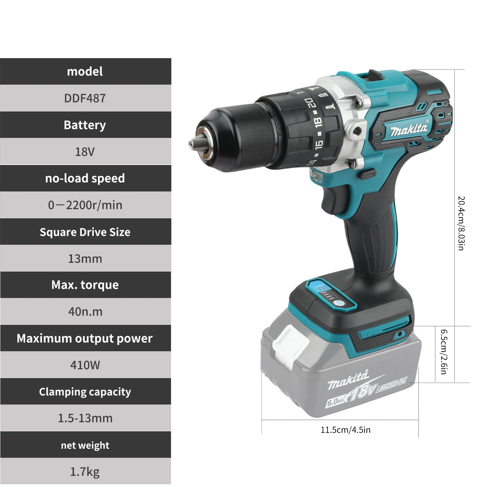 Taladro avellanador inalámbrico DDF487 Makita de 13mm, Motor sin escobillas LXT de 18V, destornillador eléctrico, herramienta eléctrica adecuada para batería de 18V