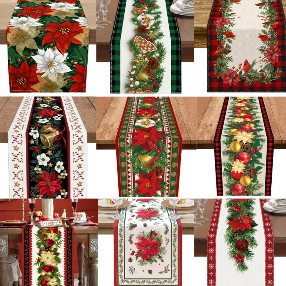 Poinsettia Flower Pattern Christmas Table Runner Long Length Linen Material Table Decor Cloth Rectangular Shape