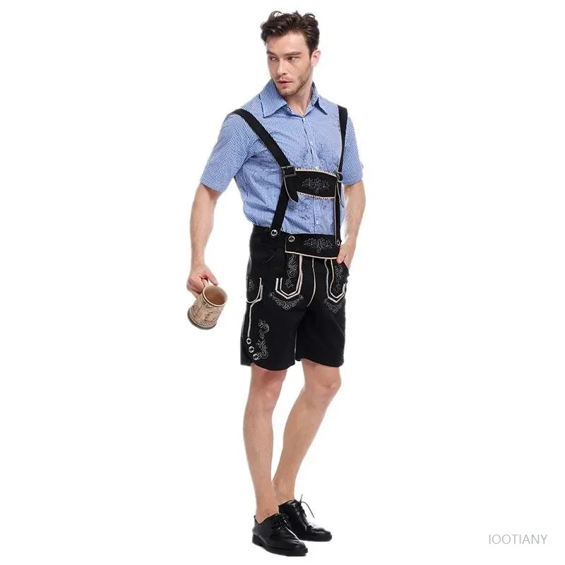 Germany Munich Traditional Oktoberfest Men's Leather Pants Suspenders Role Playing Costume Bavaria Pub Bar Party Beer Jumpsuit