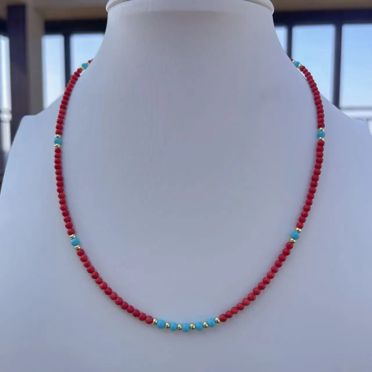 Extremely Small and Exquisite 2mm Bead Design Natural Red Coral Necklace Paired with Turquoise Collarbone Chain Extension Chain