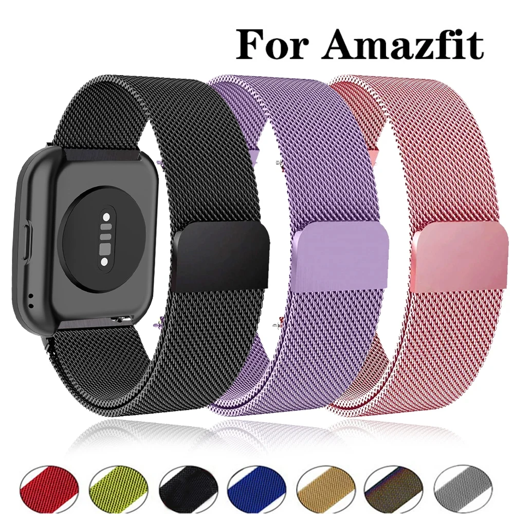 حلقة مغناطيسية لـ Amazfit GTS/4/2/2e/GTS2 Mini/3/GTR 4/3/2/47 مللي متر 20 مللي متر 22 مللي متر شبكة معدنية سوار الساعة الذكية Amazfit Bip 5 حزام