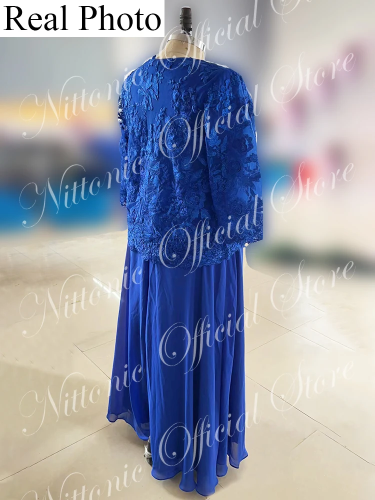 Vestido de talla grande para madre de la novia, chaqueta con apliques de encaje azul real, recto, elegante, ocasión Formal, invitados de boda, 2023