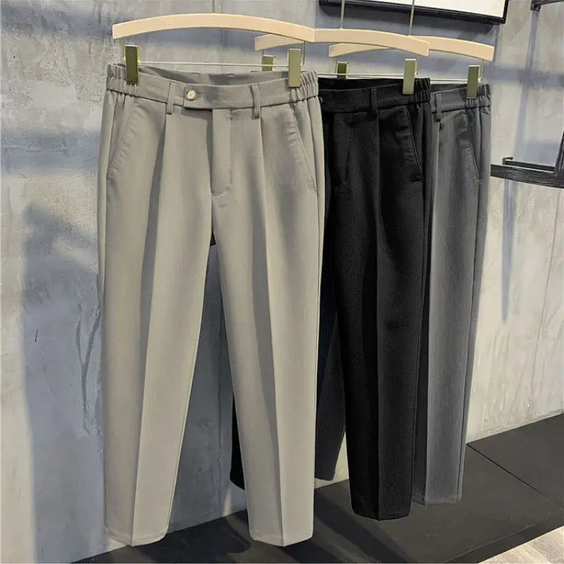 

2023 New Spring and Summer Fashion Korean Edition Simple Casual Business Half Elastic Waist Drop Straight Solid Men's Suit Pants