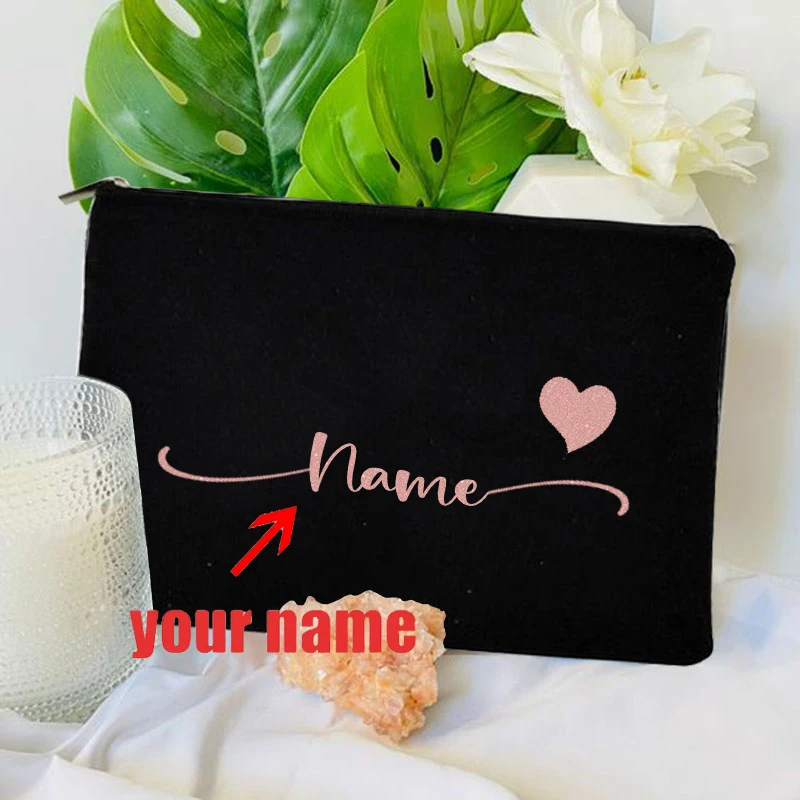 Love Customized Name Canvas Bags Simple Black Makeup Bag Organizer New Travel Perfume Lipstick Pouch Stationery Pencil Case Gift