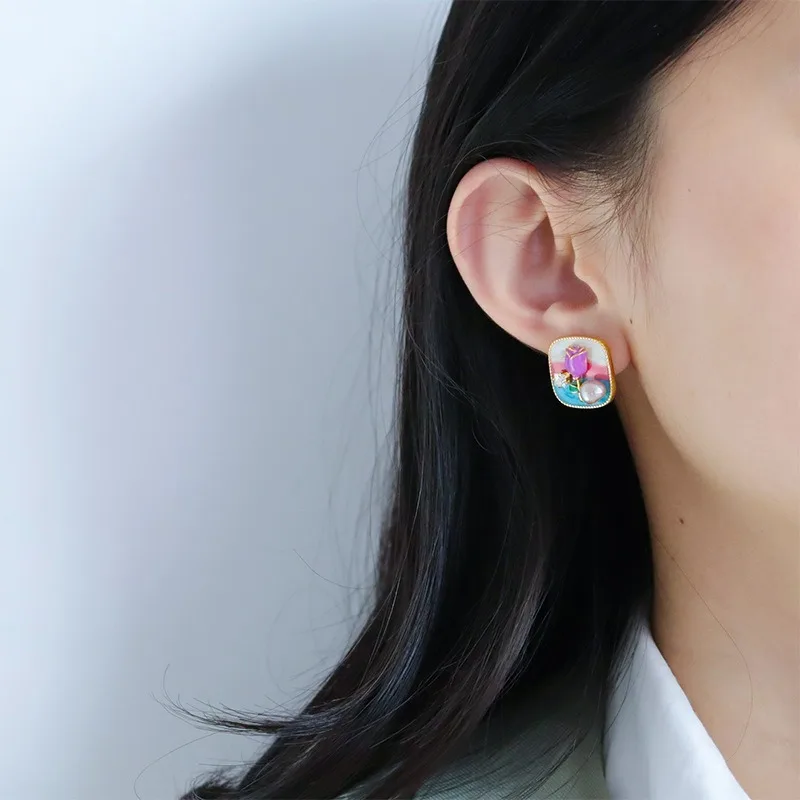 Women's Retro Color Drop Earrings Freshwater Pearl Rose Stud Earrings Fashionable All-match Oil Painting Ear Studs Jewelry Gift image 3