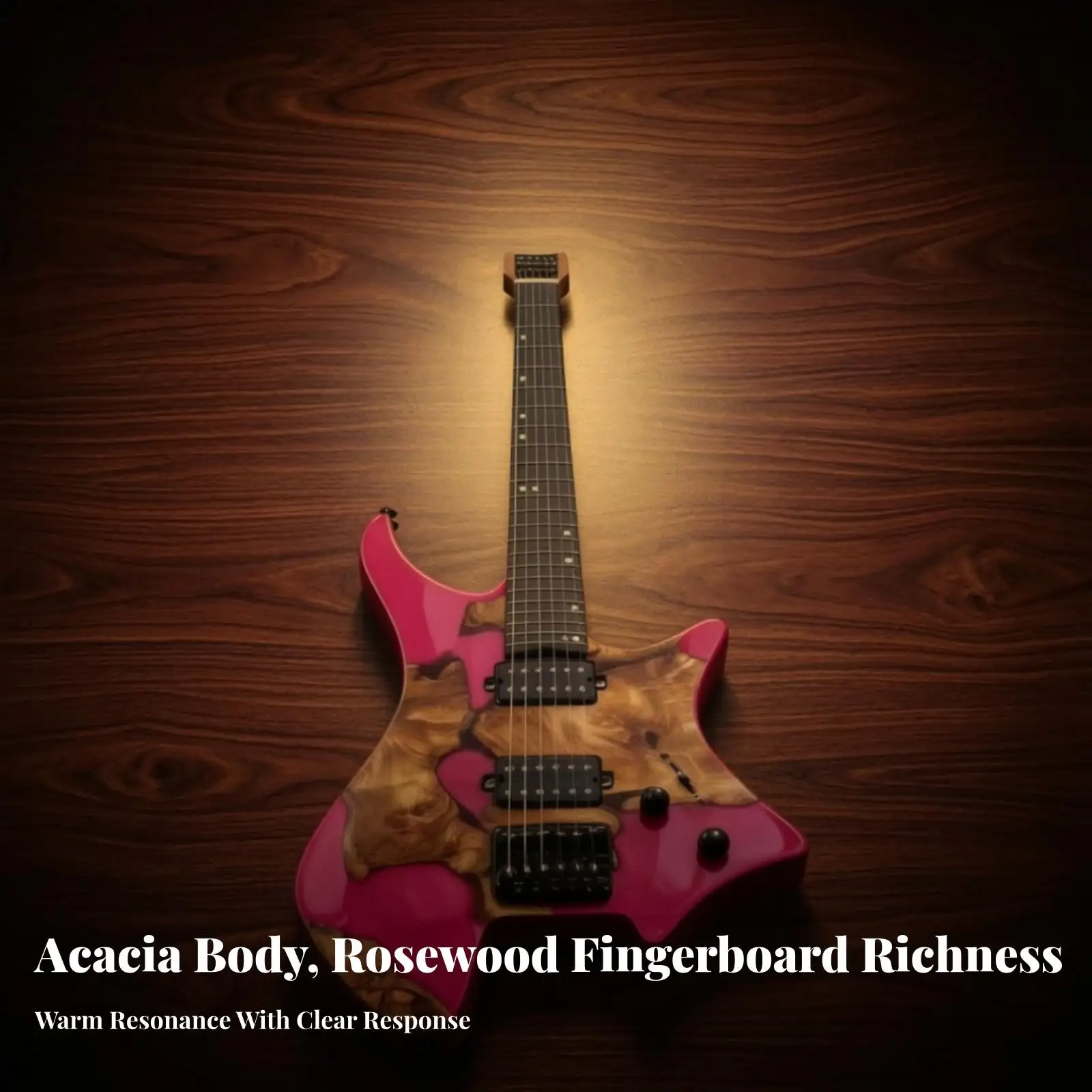 Stylish Headless Guitar with Burl Effect Overlay Rose Red Color Wood Neck for Rehearsals Studio Recording and Live Acts