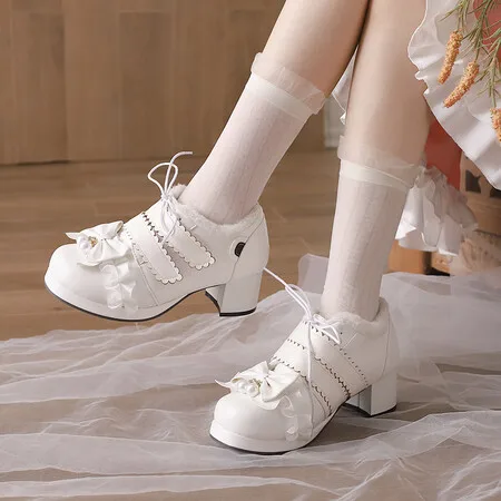 

2024 Autumn Winter Fashion Princess Lolita Wedding Party Shoes Cross Tied Bow Lace Design White Pink Ankle Boots Female 35-43