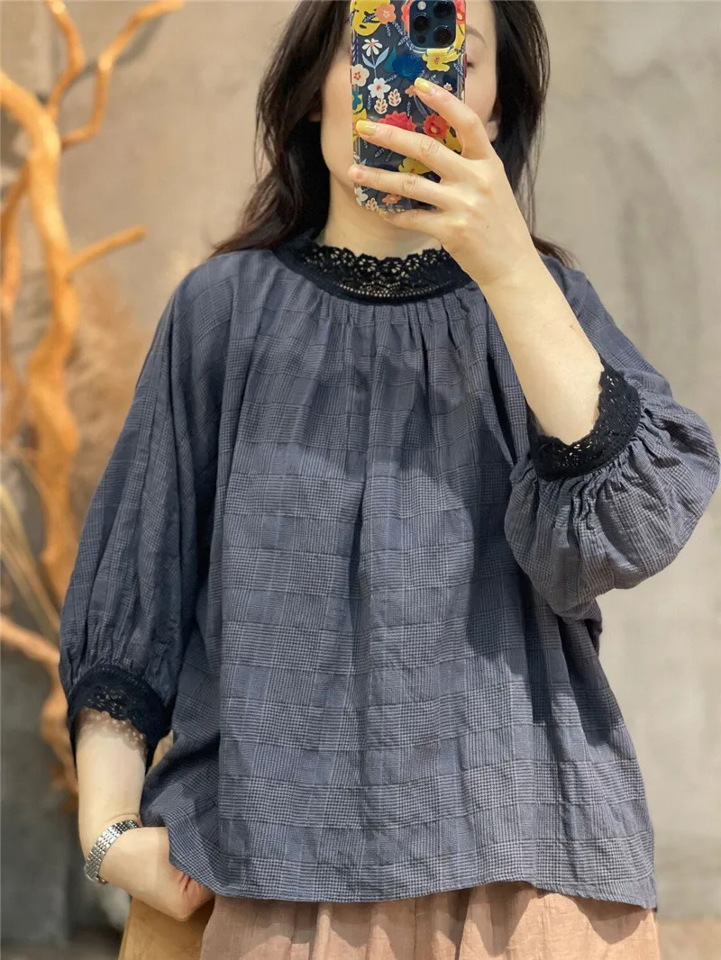 

Chinese Style Plaid Lace Patchwork Blouse Women Fashion Literary Breathable Loose Tops Casual Thin Womens Shirts