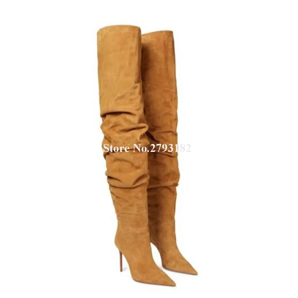 Sexy Brown Suede Loose Stiletto Heel Over Knee Boots Pointed Toe Slip-on Thin Heel Thigh High Long Boots