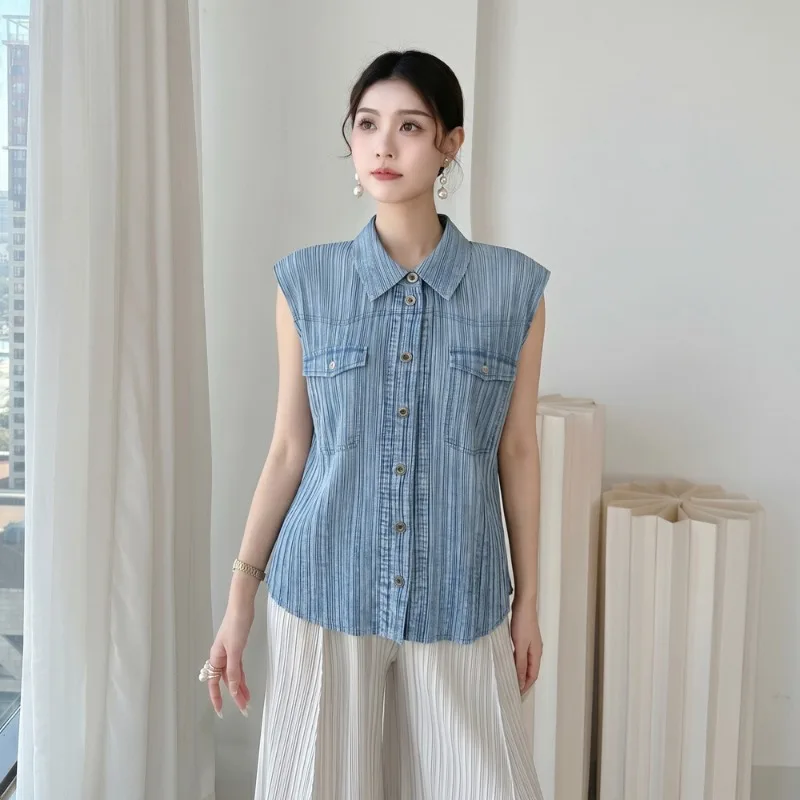 Miyake Pleated 2026 Summer New Vintage Fashion Faux Denim Collar Short Sleeve Shirt Sleeveless Elegant Commuter Top for Women