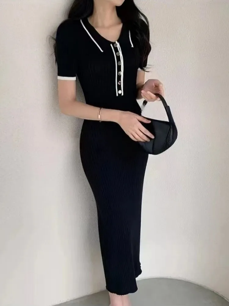 Manches courtes tempérament Robe Femme robes tricotées femmes 2025 robes De Mujer col rabattu Patchwork tunique Robe moulante