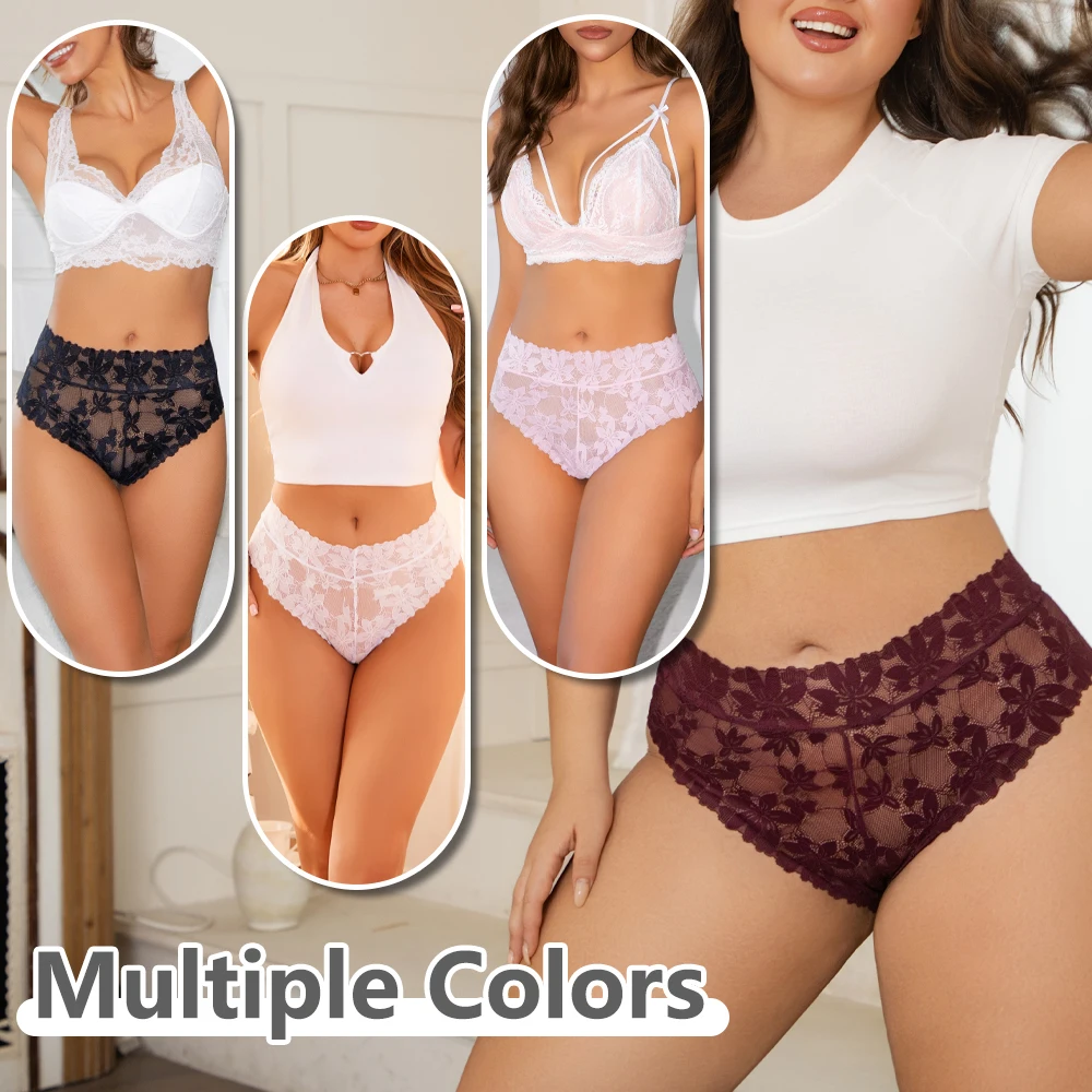 3Pcs/Set Women's Sexy Lace Floral G-string Thongs Hollow Out Perspective Panties High Rise Elastic Breathable Intimates Lingerie