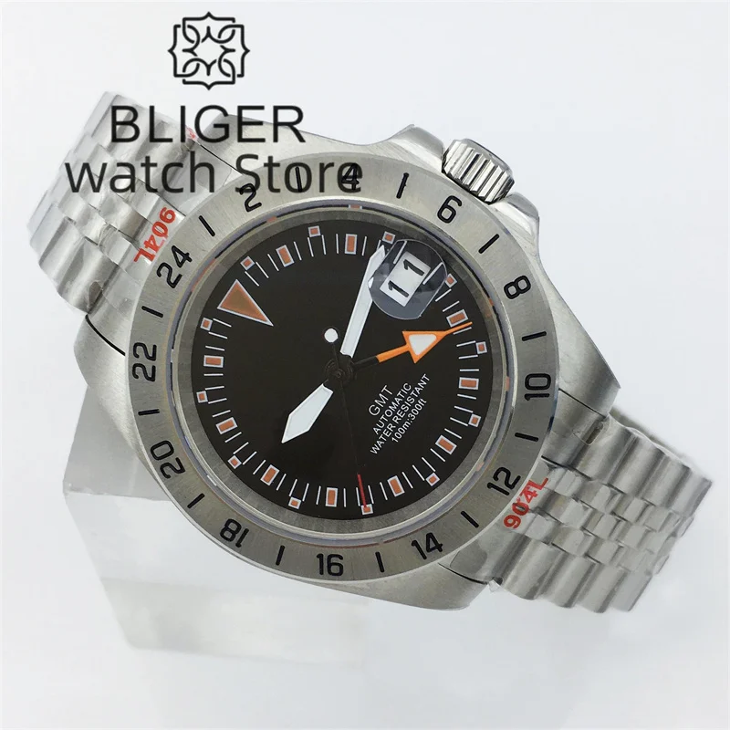 BLIGER 남성용 기계식 시계, GMT NH34 자동 무브먼트, 사파이어 글래스, 316L 스테인리스 스틸 팔찌, 100m 방수, 40mm