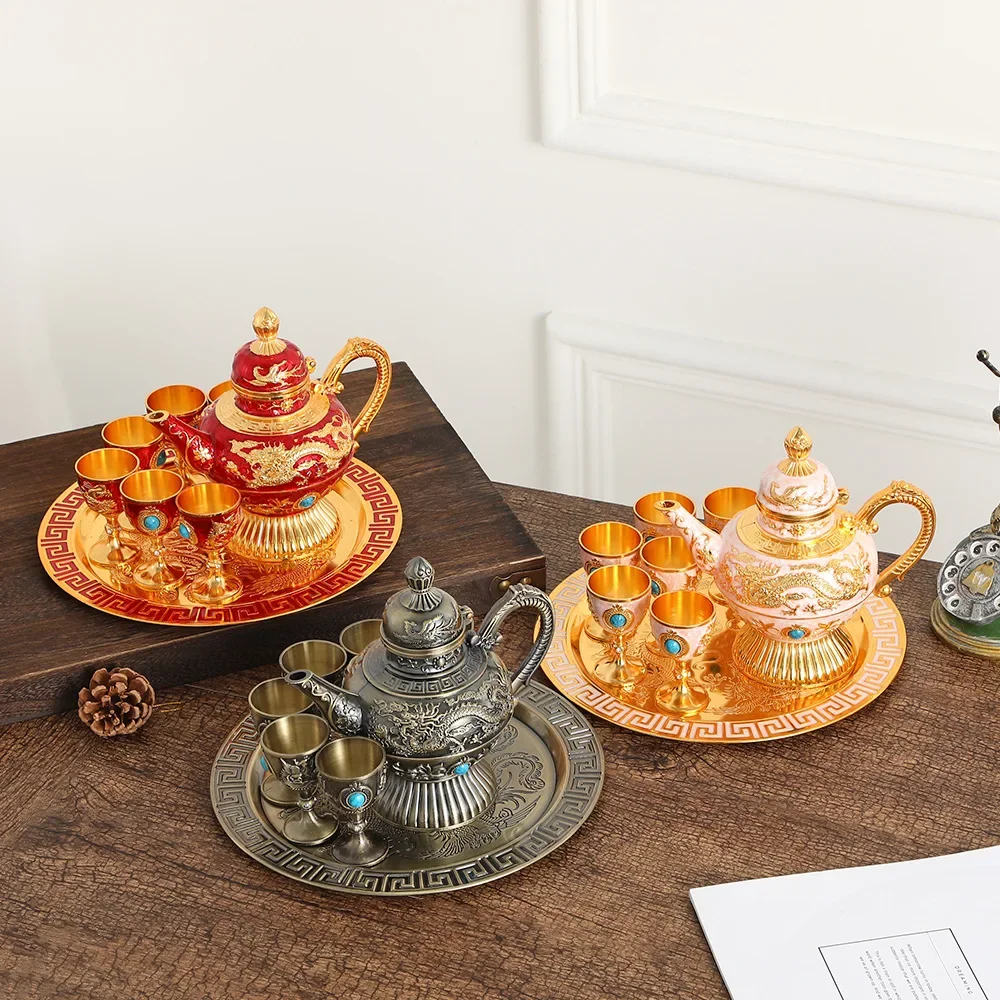 

Exquisite European retro set, light luxury court style aluminum alloy glass set, wine jug glass eight-piece set