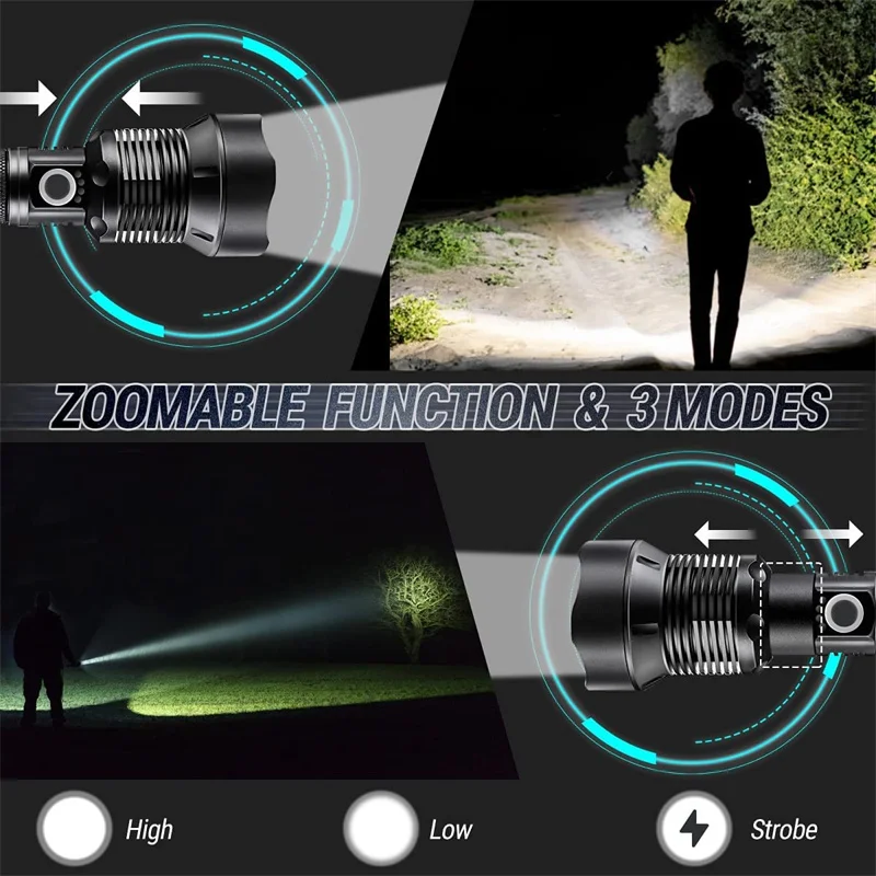 90000 Lumens Led Flashlights USB Rechargeable LED Brightest Flashlight Waterproof Zoomable LED Tactical Torch Light for Camping