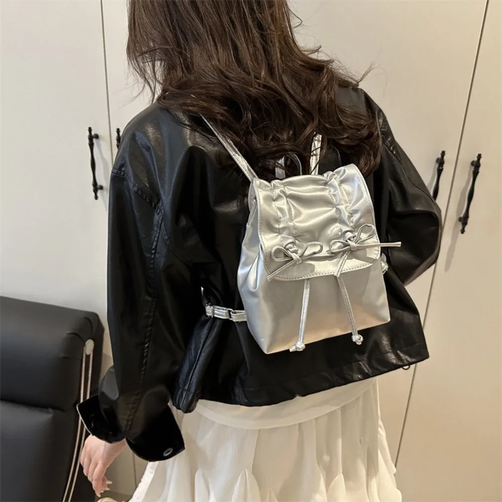 

Portable Tie Bow Backpack Large Capacity Solid Color Pu Leather Backpack Korean Style Handbag Student School Bag Travel