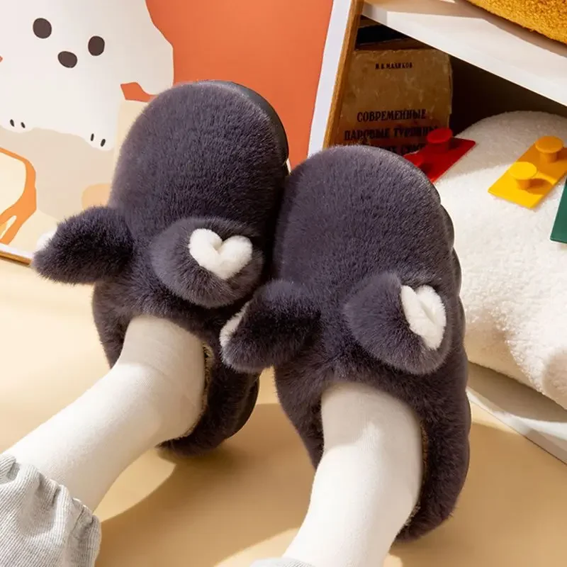 Cute Rabbit Ear Cotton Slippers Women Warm Faux Fur Indoor Shoes thick Sole Female Winter Platform Slides Home Fluffy Footwear