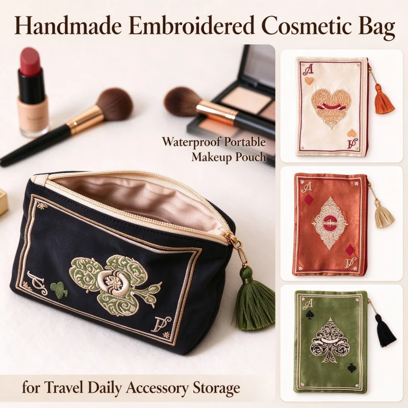 Handmade Embroidered Playing Card Cosmetic Bag Waterproof Portable Makeup Pouch for Travel Daily Accessory Storage