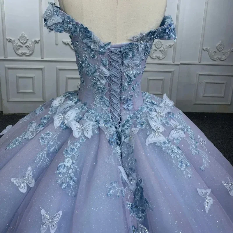 Iridescent Lilac Ball Gown Quinceanera Dress Off Shoulder Beads Appliques Lace Sweet 16 Year Old Girl Princess Birthday Party