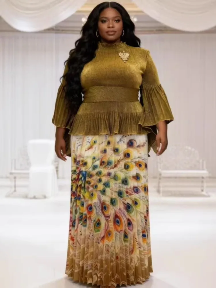 African Miyake Folds 2026 New Printing Set Loose Fashion Loose Women's Clothing Pleated Skirt Two-piece Set