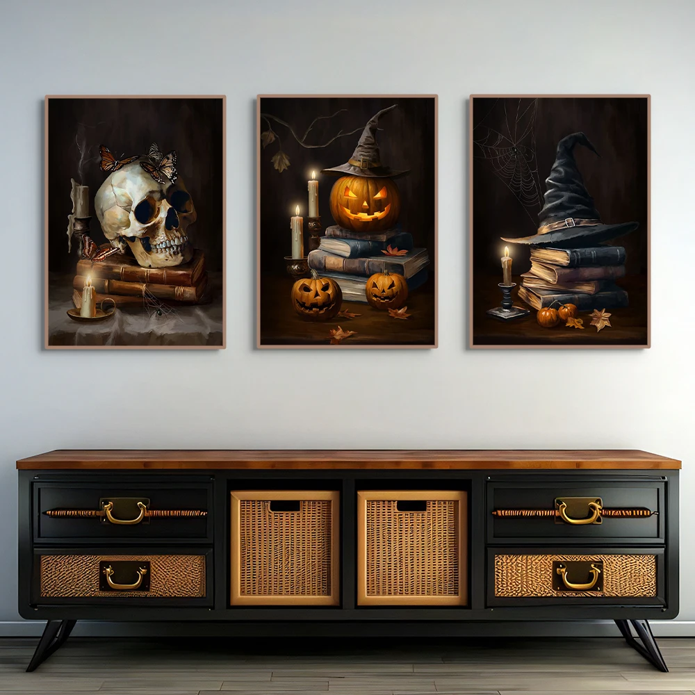 Halloween Dark Castle Skull Witch Pumpkin Head Poster Prints Canvas Printing Vintage Wall Art Picture for Living Room Home Decor