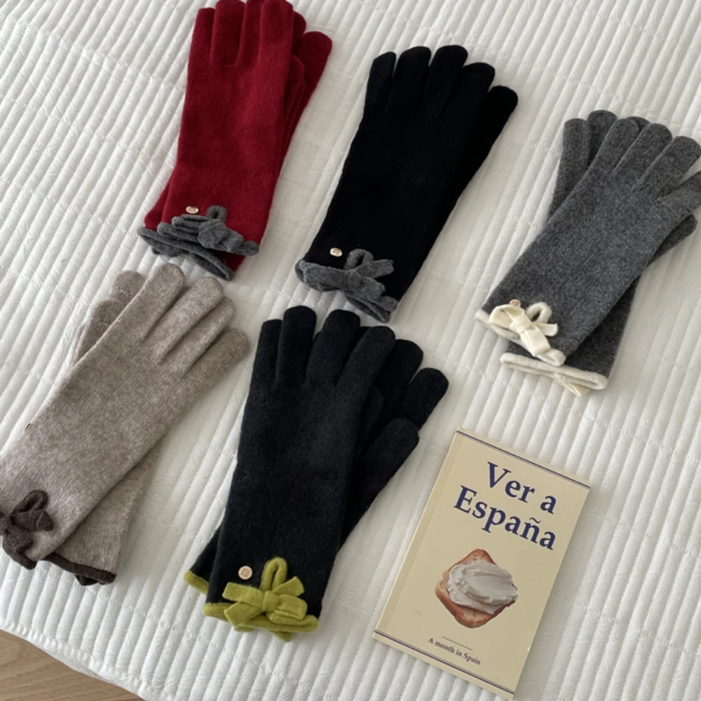 Wool Blend Fingerless Women's Gloves Winter Warm Touch Screen Gloves with Bow Outdoor Protect Wristband Thicken Gloves Guantes