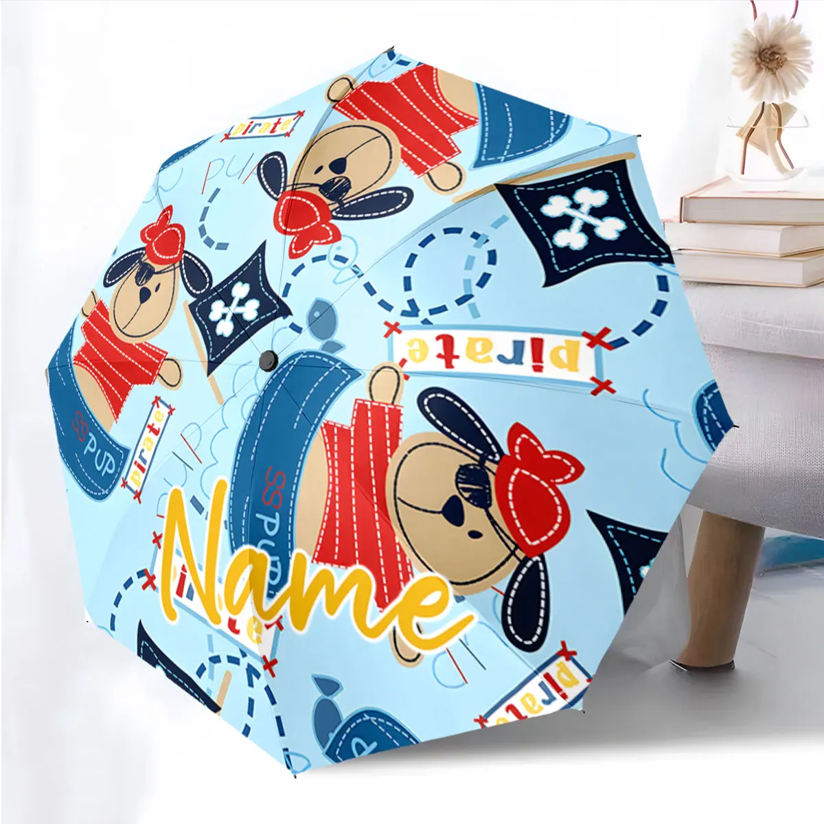 Custom Name Colorful Cartoon Dog Printed Umbrella for Kids Print 8 Iron Ribs Folding Umbrella Auto-Open Fashion Sunshade