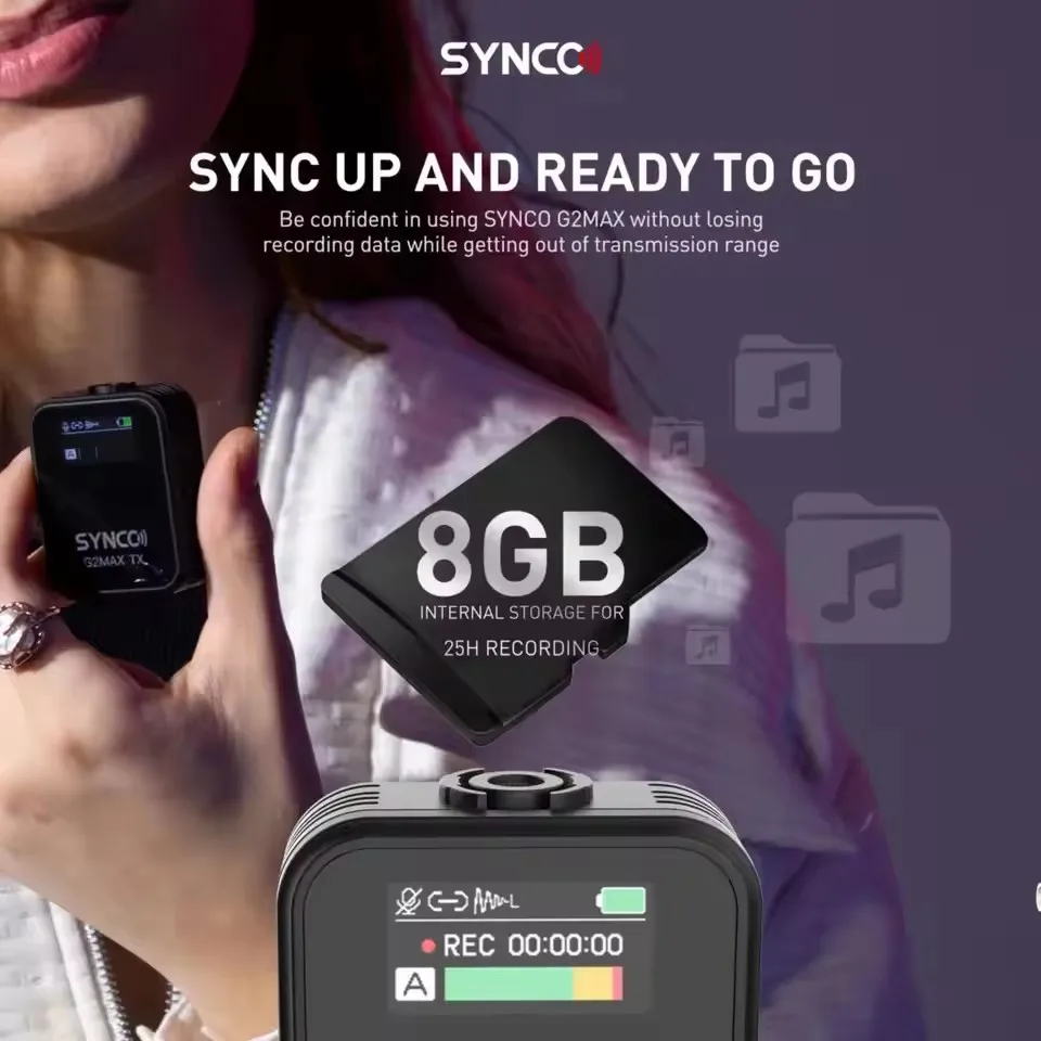 

Беспроводная микрофонная система SYNCO G2 Max с лавалерным микрофоном, 8 ГБ, дальность передачи 200 м, с TFT-экраном для смартфона и DSLR-камеры, для мониторинга