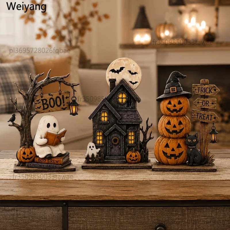 3 Stücke zufällig ausgewählter Stile, Vintage-Halloween-Holzdekorationen für den Innenbereich, Herbstdekorationen, Vintage-Holzblöcke, können zur Regaldekoration verwendet werden, mit Elementen wie