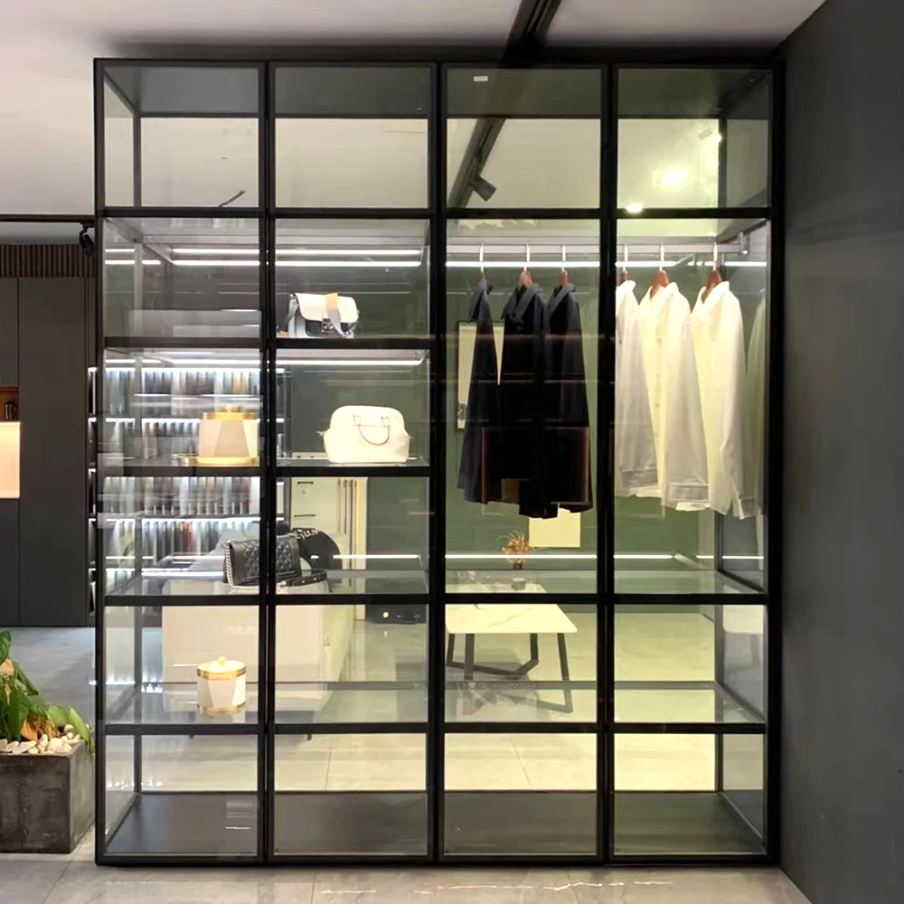 Modern Minimalist Hotel Bedroom Wardrobe with Frosted Glass Sliding Doors Metal Construction Convertible & Extendable Features